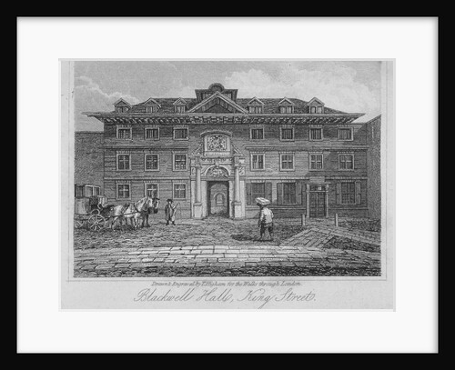 View of Blackwell Hall on King Street with carriage and figures, City of London by Thomas Higham