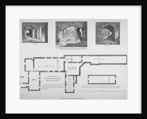 Plan and two views of the Crosby Hall vaults at no 36 Bishopsgate, City of London by William Wise