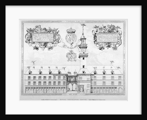 South view of the first Royal Exchange with coats of arms above, City of London by Anonymous