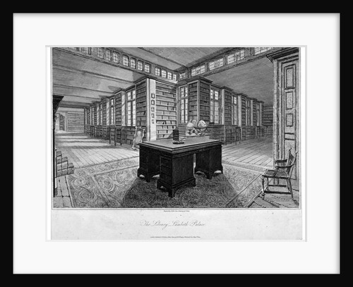 Interior view of the library at Lambeth Palace, with a desk in the foreground by John Roffe