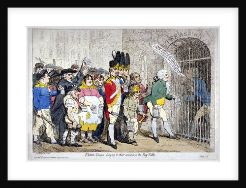 Election-troops, bringing in their accounts, to the pay-table by James Gillray
