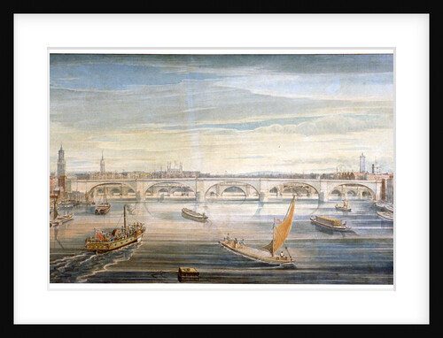 View of the new London Bridge from the west, with boats and barges on the Thames by G Yates