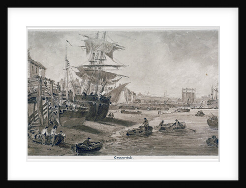 Old houses and boats on the riverbank at low tide, Greenwich, London by Anonymous