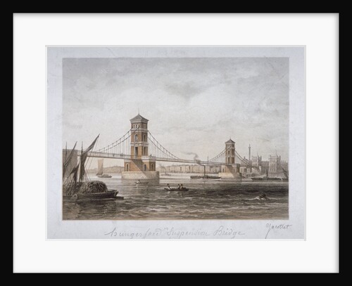 View of Hungerford Suspension Bridge and boats on the River Thames, London by Louis Julien Jacottet
