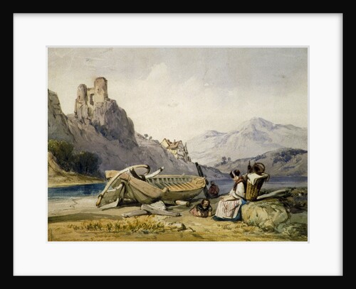 Figures and a boat on the shore of a lake, a house and ruined castle in the background by Alfred Gomersal Vickers
