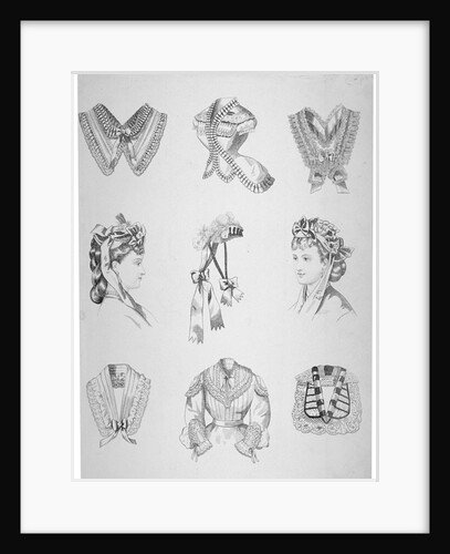 Nine vignettes of collars, hats and bodices by Anonymous
