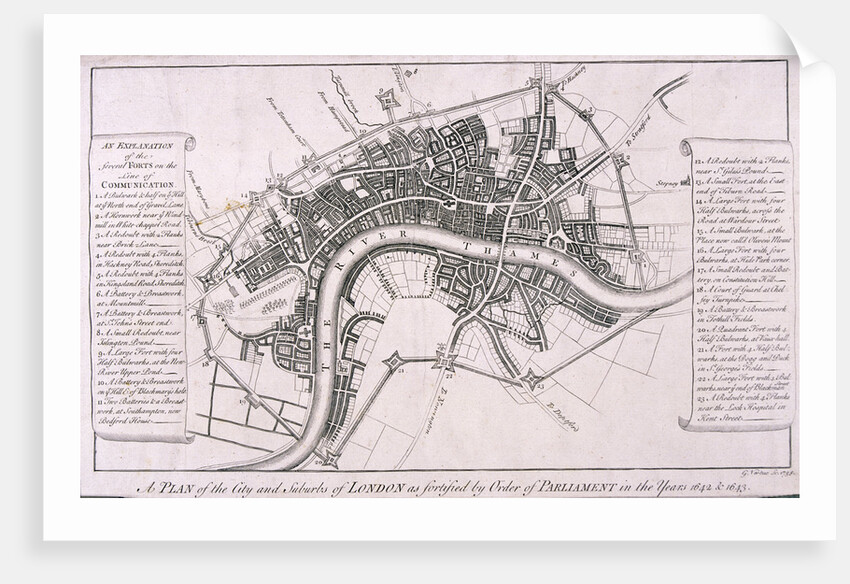 Map of London showing English Civil War Fortifications, c1642 by George Vertue
