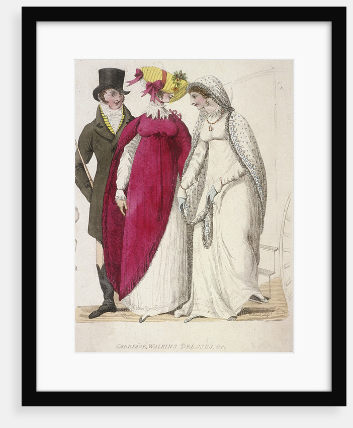 Two women wearing walking dresses accompanied by a man by W Read