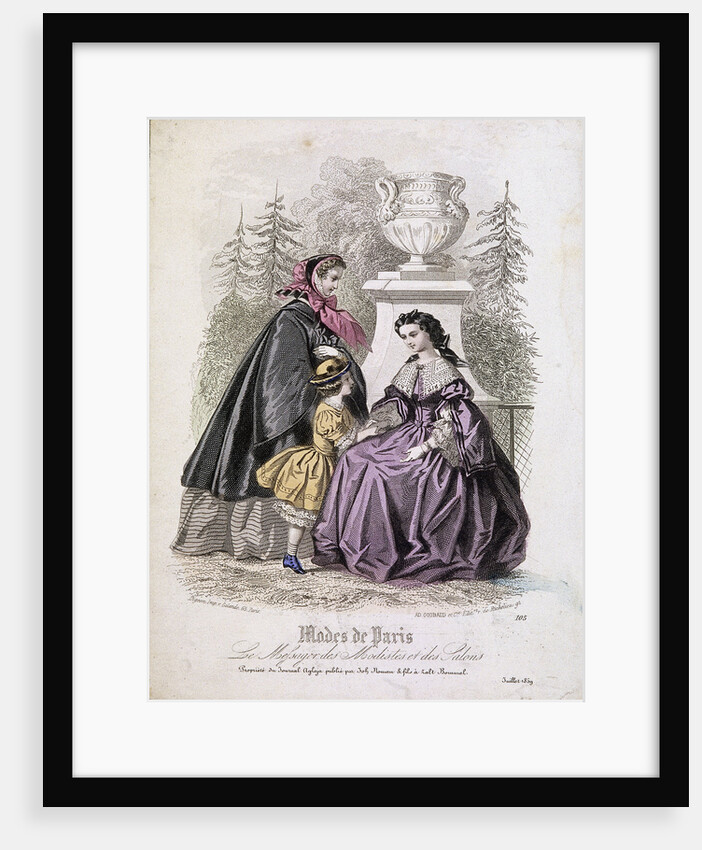 Two women and a child wearing the latest fashions in a garden setting by Anonymous