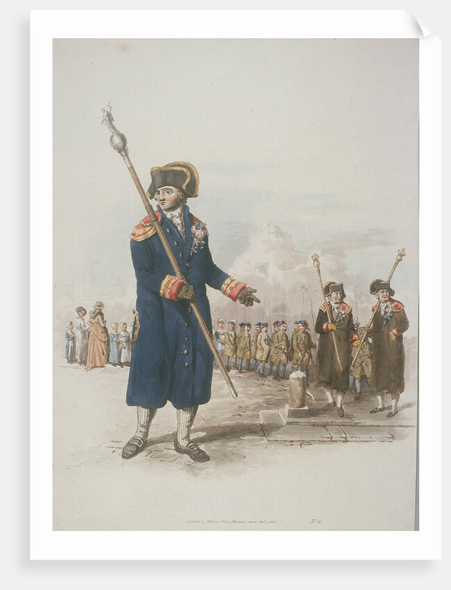 Parish Beadle in civic costume holding a staff by William Henry Pyne