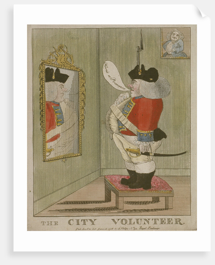 View of a portly City volunteer admiring himself in the mirror by Anonymous