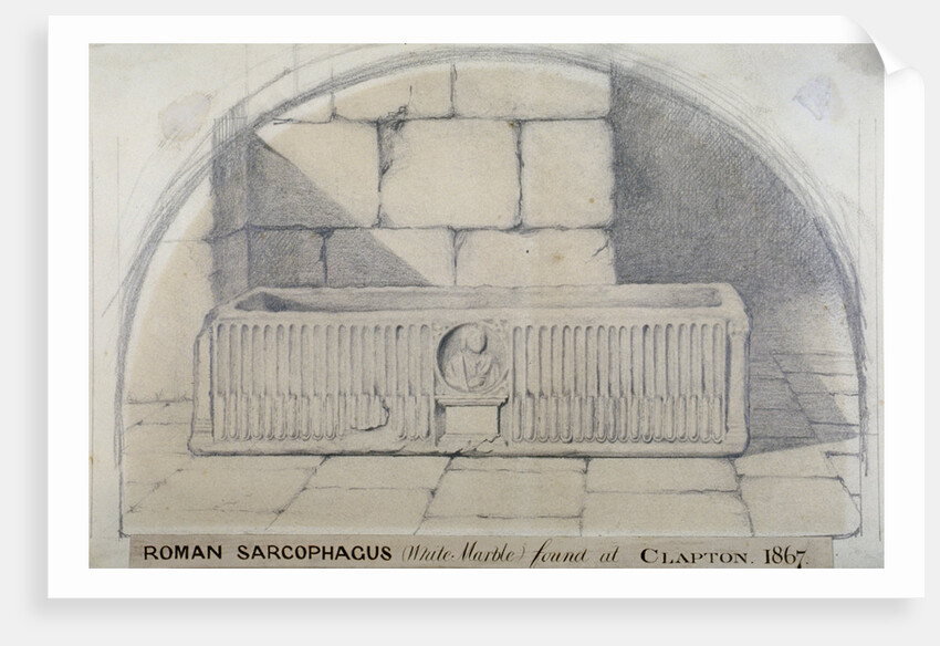 Roman marble sarcophagus found at Clapton in 1867, carved with a medallion relief of figure by Anonymous