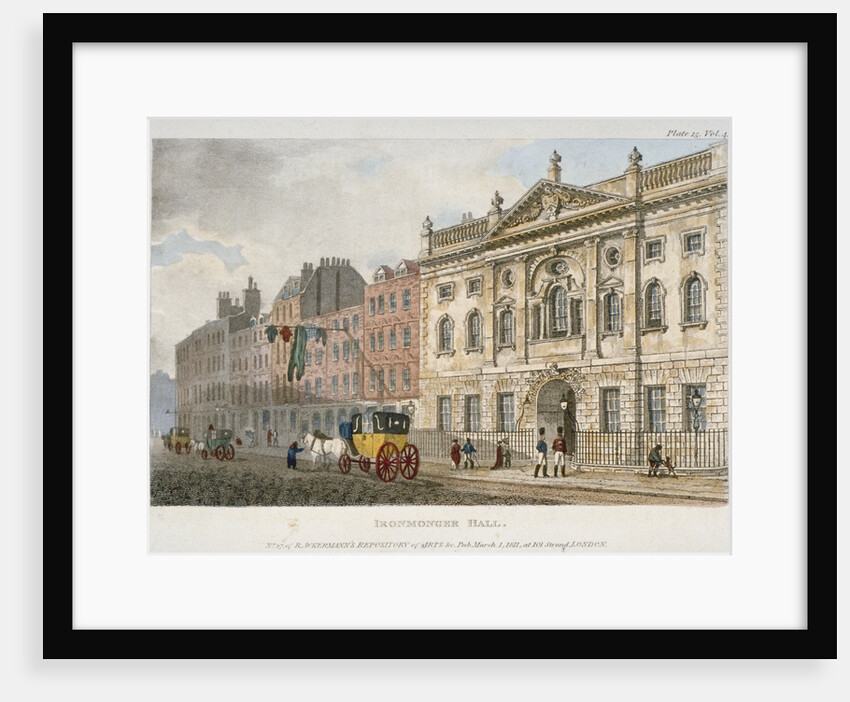 View of Ironmongers' Hall and people and a coach in Fenchurch Street, City of London by Anonymous