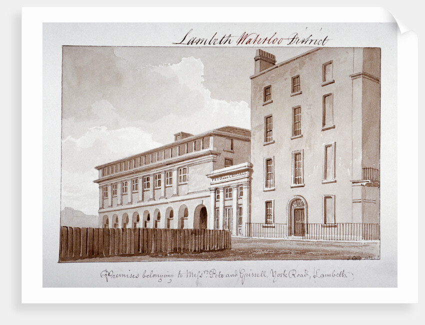 Premises belonging to builders Peto and Grissell in York Road, Lambeth, London by John Buckler