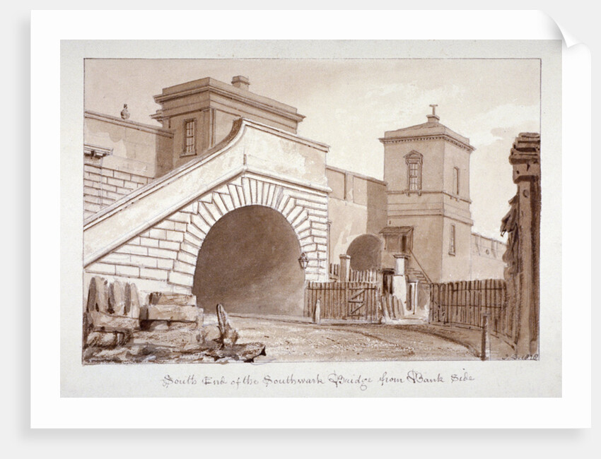 View of the south end of Southwark Bridge from Bankside, Southwark, London by John Chessell Buckler