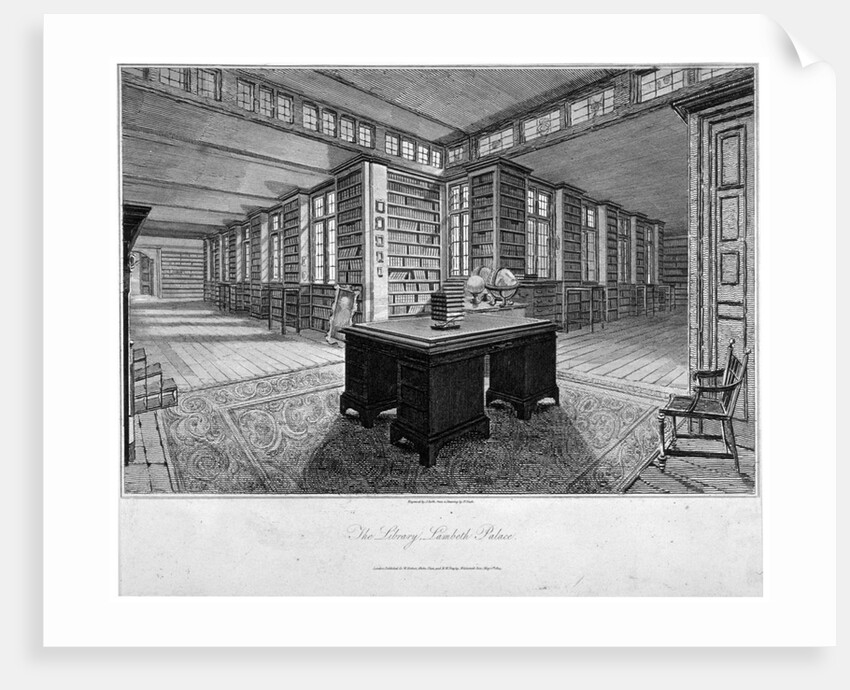 Interior view of the library at Lambeth Palace, with a desk in the foreground by John Roffe