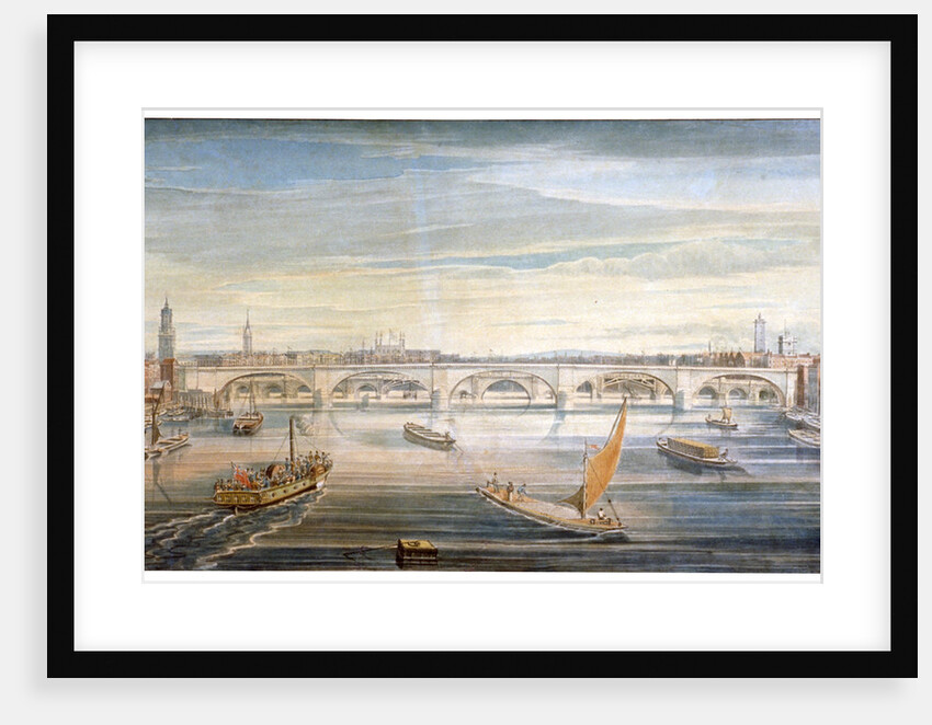 View of the new London Bridge from the west, with boats and barges on the Thames by G Yates
