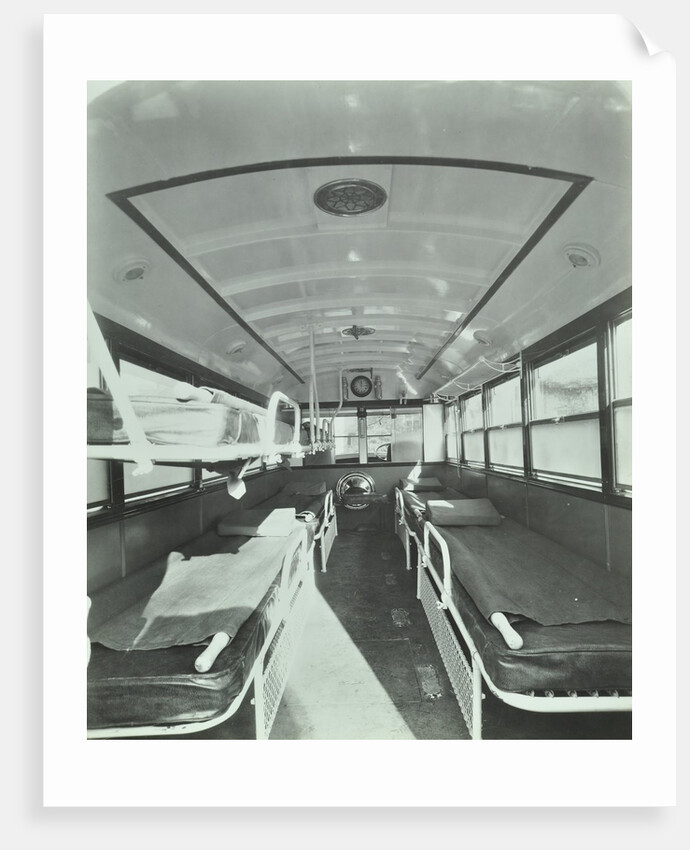 Interior of coach type ambulance, Western Ambulance Station, Fulham, 1935 by Unknown