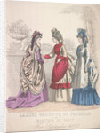 Two women on the left wearing seaside fashions, the woman on the right wears a garden dress by Anonymous