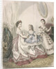 Two women and a small girl wearing the latest indoor fashions by Millia Lacouriere