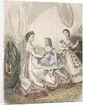 Two women and a small girl wearing the latest indoor fashions by Millia Lacouriere