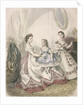 Two women and a small girl wearing the latest indoor fashions by Millia Lacouriere