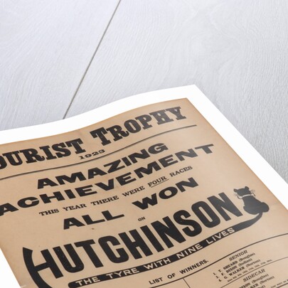 Poster promoting Hutchinson Superstudded Tyres used at the 1923 TT by Unknown