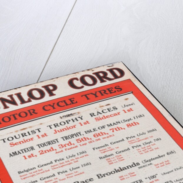 Dunlop Cord motor cycle tyres poster setting out successes on these tyres during the 1924 season by Unknown