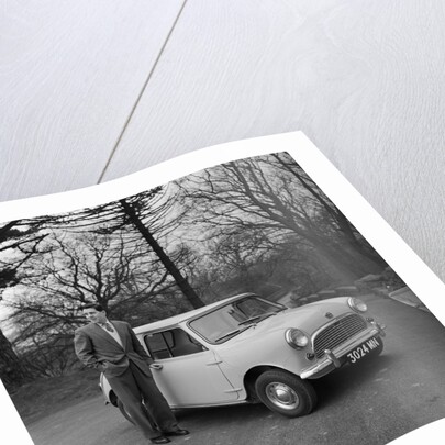 Geoff Duke receiving Mini Minor car by Manx Press Pictures