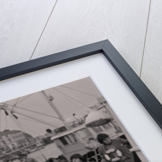 Radio Caroline disc jockeys Tony Prince and Dave Lee Travis on boat, East Quay, Ramsey Harbour by Manx Press Pictures