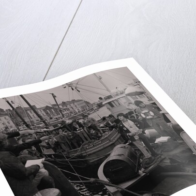 Radio Caroline disc jockeys Tony Prince and Dave Lee Travis on boat, East Quay, Ramsey Harbour by Manx Press Pictures