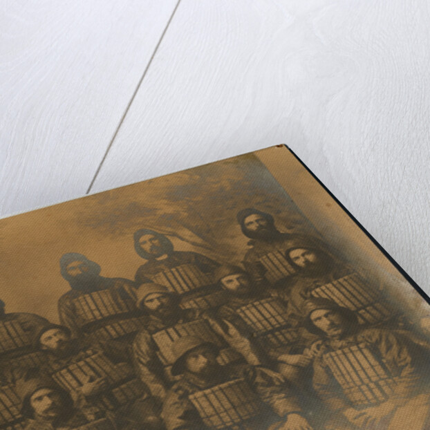 Sepia studio group portrait of named crew of the Two Sisters lifeboat, 1887 by Thomas Horsfell Midwood