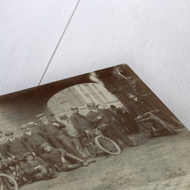 Early motorcyclists group at Quiggin's Timber Yard, Douglas by Donald Collister