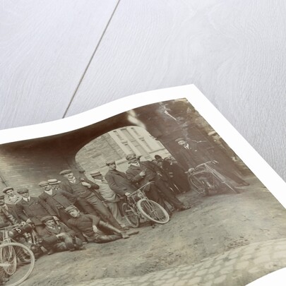 Early motorcyclists group at Quiggin's Timber Yard, Douglas by Donald Collister