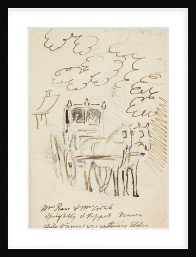 Ink sketch of Horse and Carriage with the note ‘Mr Pears and Mr . Sprightly and Poppet drawn. While--- was gathering elder blown 1797’ by Mary Anne Goodman