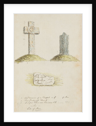 Watercolour drawings of a carved cross and two carved slabs by Moses Griffith