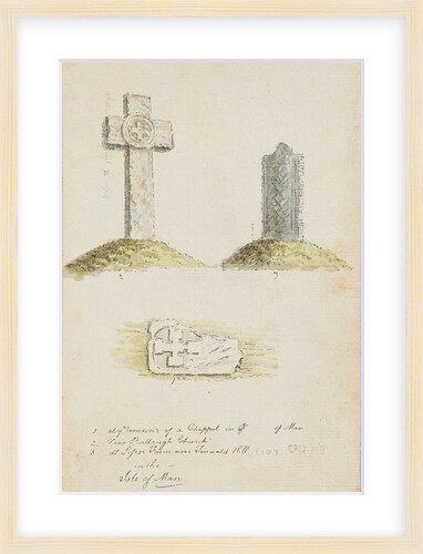 Watercolour drawings of a carved cross and two carved slabs by Moses Griffith