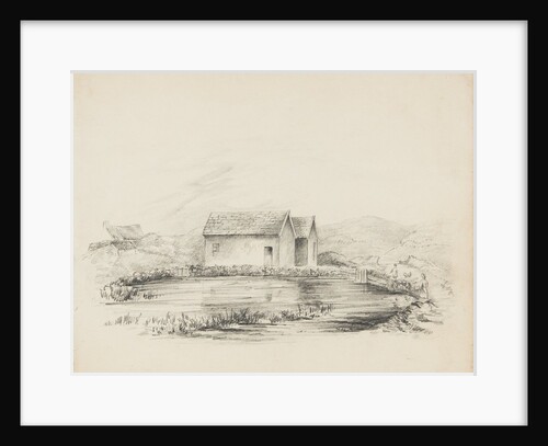 View of white-washed cottages behind body of water with two figures and a dog to right-hand side by Unknown