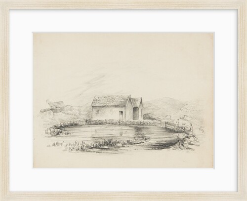 View of white-washed cottages behind body of water with two figures and a dog to right-hand side by Unknown