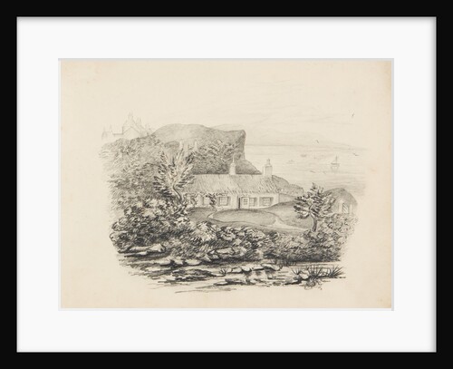 White-washed, thatched cottage by shoreline by Unknown