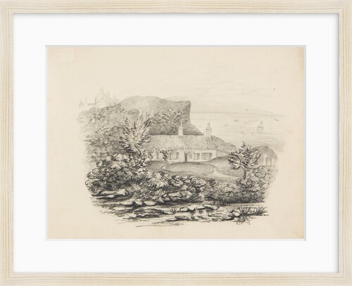 White-washed, thatched cottage by shoreline by Unknown