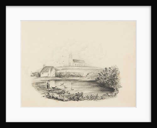Jurby Church with cottage to left-hand side by Unknown