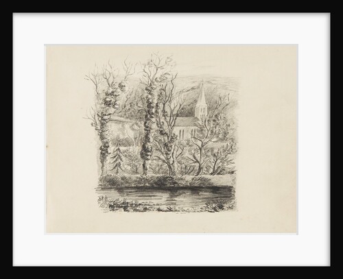 Church with trees and greenery in front and river in foreground by Unknown