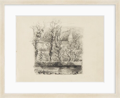 Church with trees and greenery in front and river in foreground by Unknown