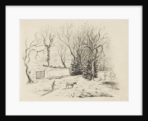 Farmer with cow by large walls and gate by Unknown
