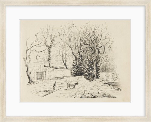 Farmer with cow by large walls and gate by Unknown