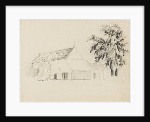 Stone building with wall to right-hand side with tall tree behind by Unknown
