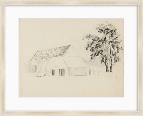 Stone building with wall to right-hand side with tall tree behind by Unknown