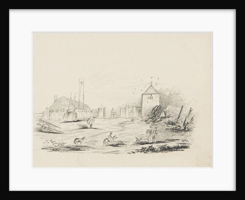 Farmyard with figures, farm carts, horses and a dove cote or pigeon tower to right-hand side by Unknown