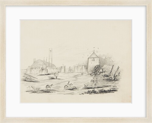 Farmyard with figures, farm carts, horses and a dove cote or pigeon tower to right-hand side by Unknown